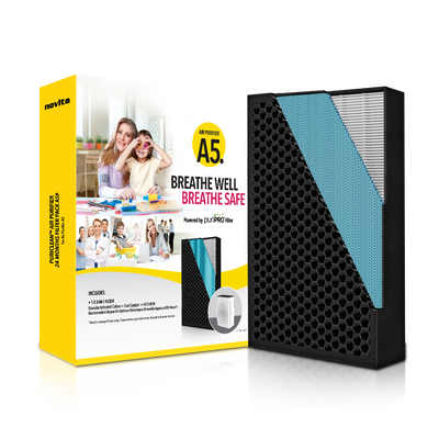 A box with a novita A5, HEPA H13 (3-in-1) PuriPRO® Filter and a picture of two people.