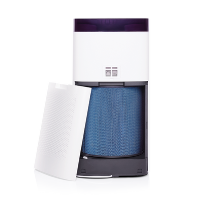 A white novita Air Purifier A18 with a blue door.