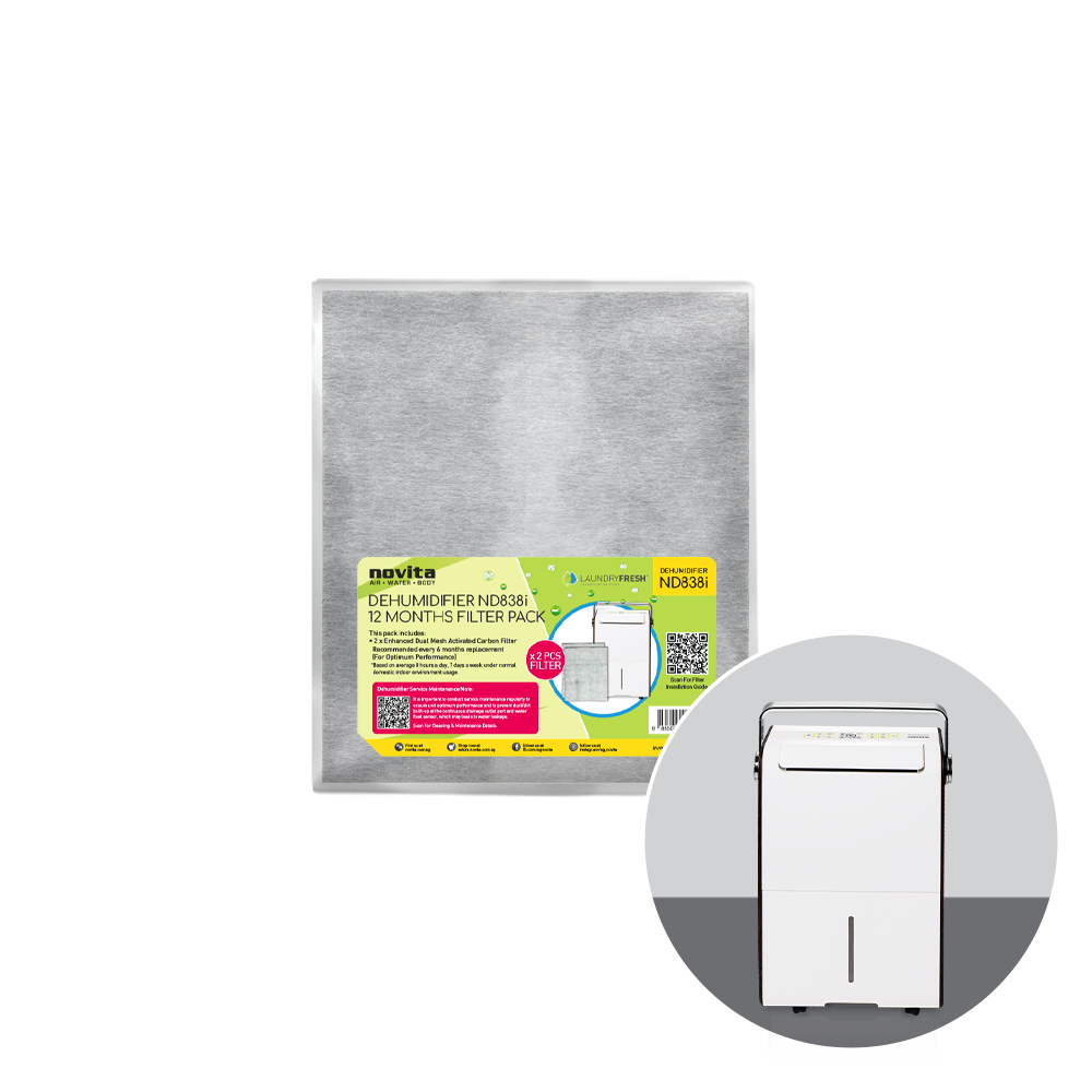 A bag with a white background containing an image of a novita dehumidifier filter pack for the ND838i model (2 Pcs).
