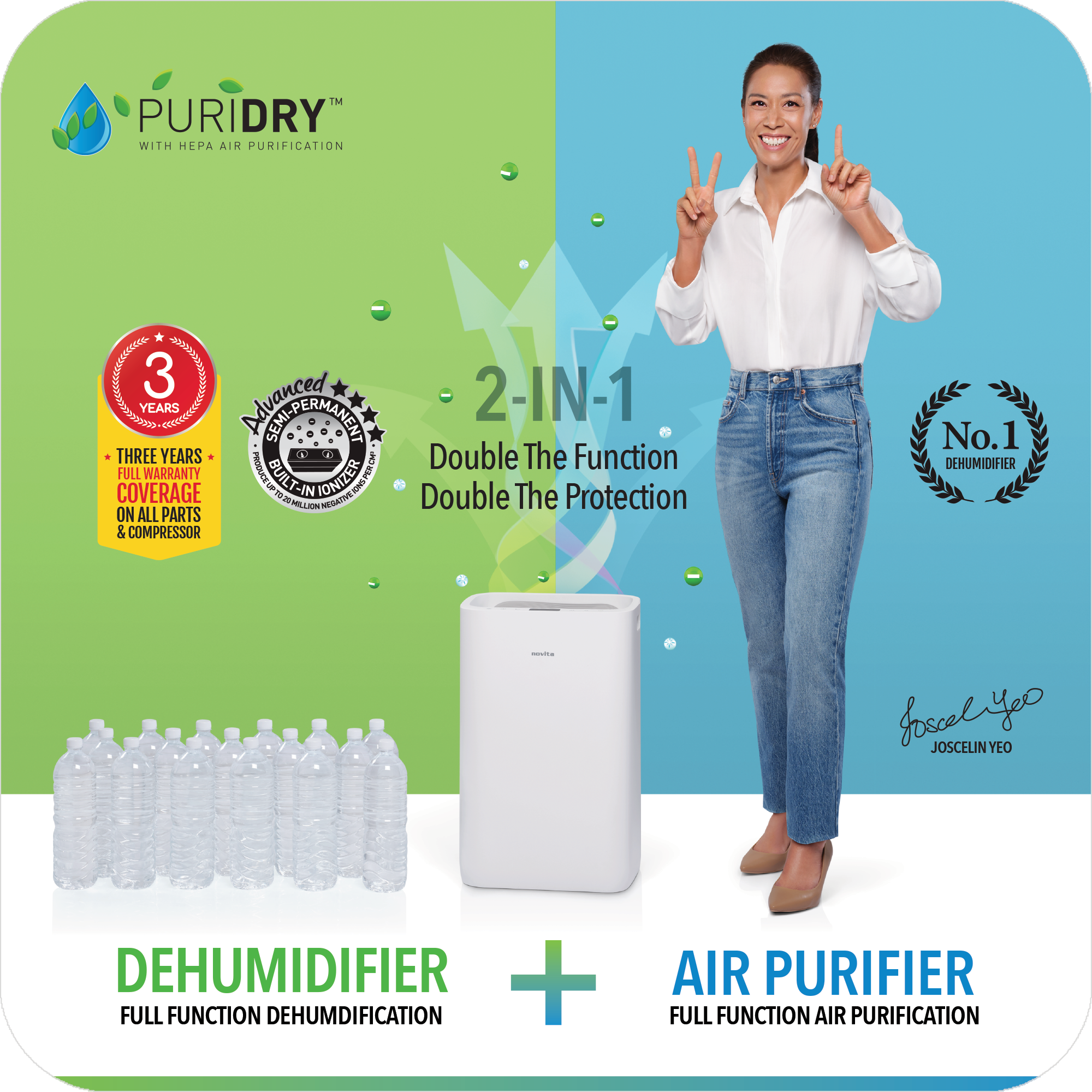 A woman is holding a novita Air Purifier + Dehumidifier The 2-In-1 ND25.5 and a bottle of water, showcasing the convenience and versatility of the product.