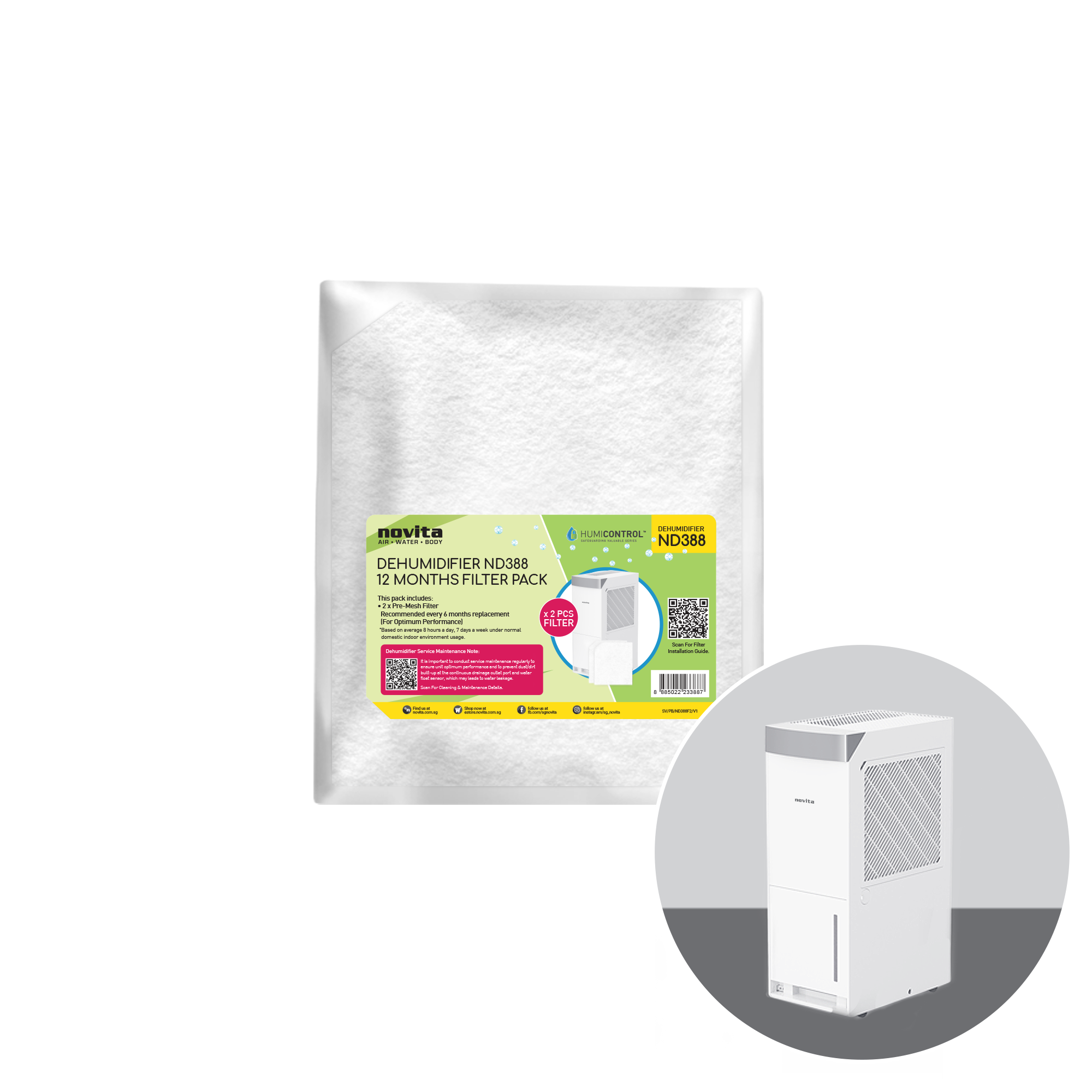 A white bag with a novita Filter Pack - For Dehumidifier ND388 (2 Pcs) next to it.