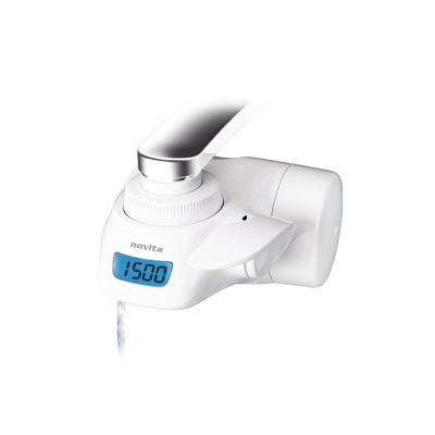 A white Bundle Deal: Faucet Water Purifier NP190 & Filter Pack with a digital display on it.