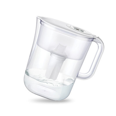 A novita HydroPlus®/HydroPure™ Water Pitcher NP120 Bundle filled with water on a white background.