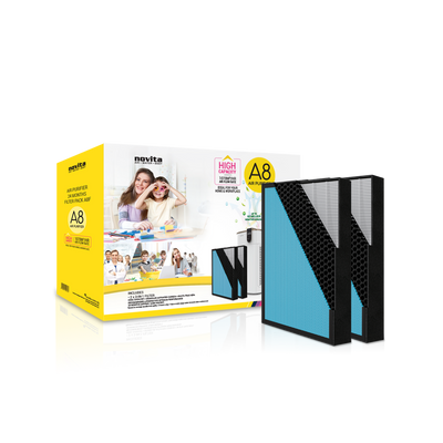 A photo of a box with a photo of a cat and a dog featuring the novita A8/ A8i 24-Months Replacement Filter Pack.