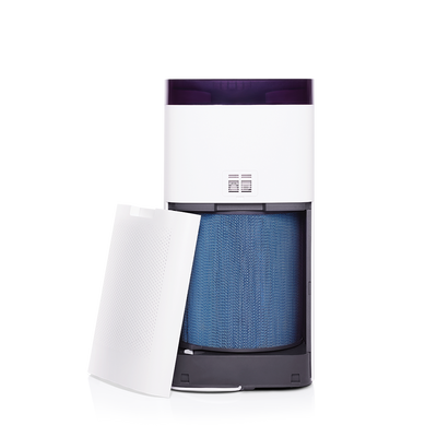 A blue and white novita vacuum cleaner with a white cover that uses the A18 nano ions PuriPRO® 24-Months Replacement Filter Pack.