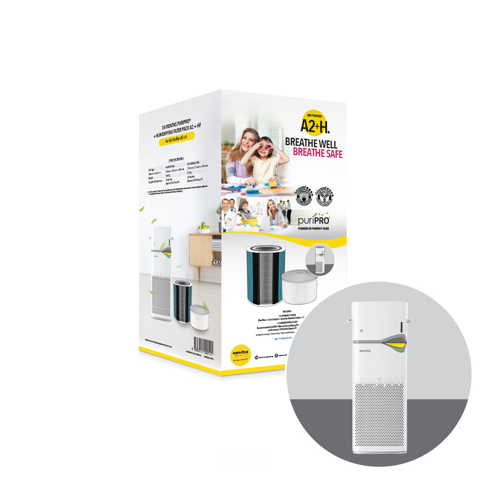 A white box with a picture of a novita ADD ON: A2 24-Months Replacement Filter Pack (Buy now & Save 30%!) and filter pack.