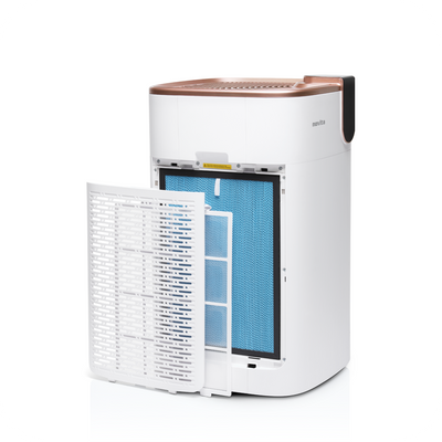 A white and blue novita PuriPRO® A8/ A8i 24-Months Replacement Filter Pack 3-in-1 Filter air purifier on a white background.