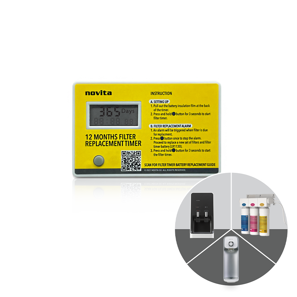A yellow box with a novita SG water meter and an NP313/ NP388US/ NP3360 12 Months Filter Replacement Timer for maximum performance.