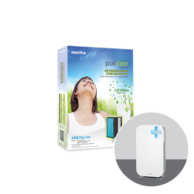 The novita air purifier with a woman in front of the NAP620/611-i/611/609 24-Months Replacement Filter Pack.