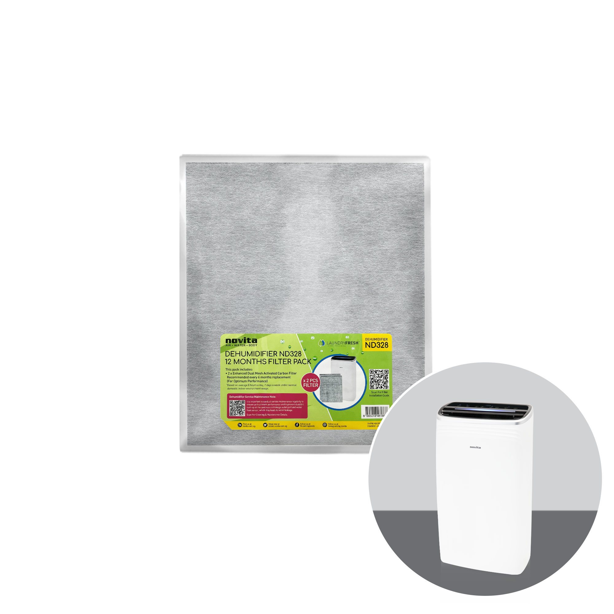 A bag of Filter Pack - For Dehumidifier ND328 (2 Pcs) by novita with a white box next to it.