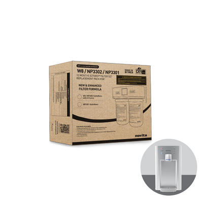 A box with a novita Hot & Cold Water Dispenser Filter Replacement Service and a bottle of water.