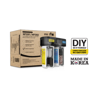 A box with a bottle of water and a box of novita NP3301 Filter Replacement Pack.