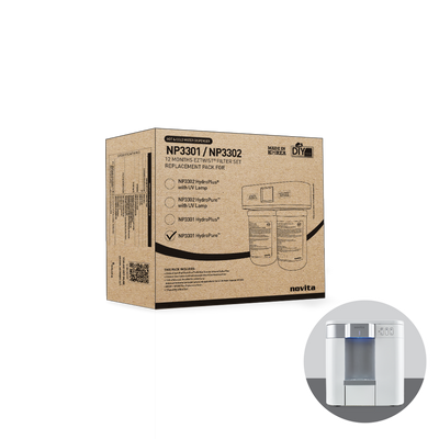 A box with a novita Hot & Cold Water Dispenser Filter Replacement Service next to it.