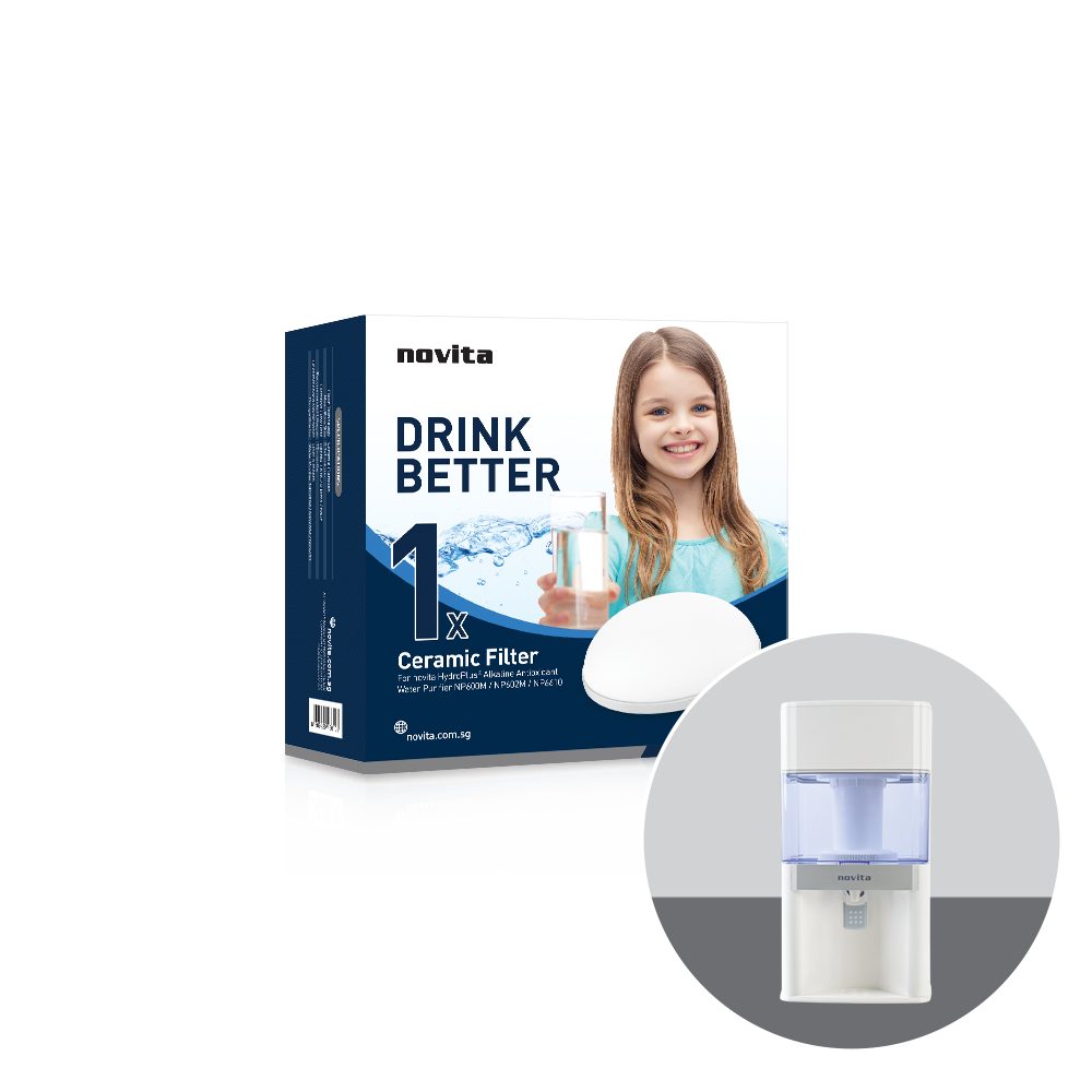A Ceramic Filter (For Water Purifier NP602M & NP6610) by novita with a bottle of water next to it.