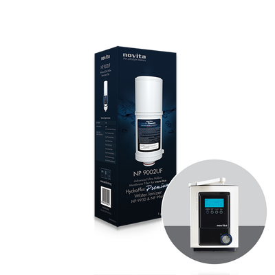 A box with a novita Water Ionizer Filter Replacement Service and a bottle of water offering self-booking for filter replacement service.