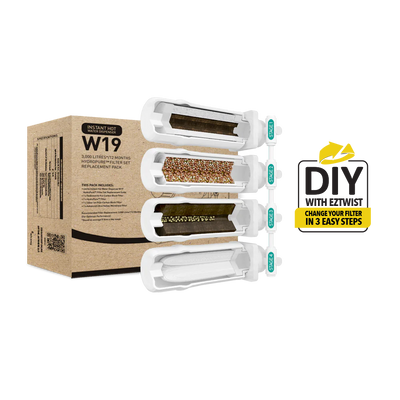 A box with a novita W19 HydroPure™ Filter Replacement Pack and a box with a novita W19 HydroPure™ Filter Replacement Pack in it.