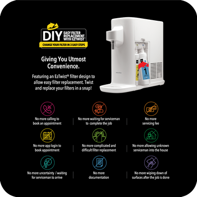 A picture of the novita InstantPerfect, an Instant Hot/Cold Water Dispenser W1, giving utmost convenience with the words diy.