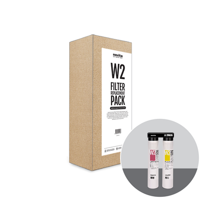 novita W2 Filter Replacement Pack with two bottles and a box.