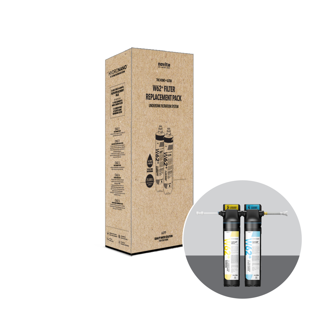 An ultra box with a recommended replacement of a novita 15” Undersink Filtration System W62 Plus and a bottle of novita Ultra HydroNano™ Filter 2-Piece Replacement Pack water and a bottle of ink.