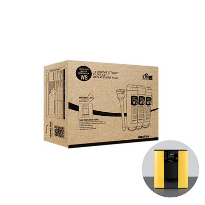 A yellow box with a novita Hot & Cold Water Dispenser Filter Replacement Service and a yellow toothbrush.