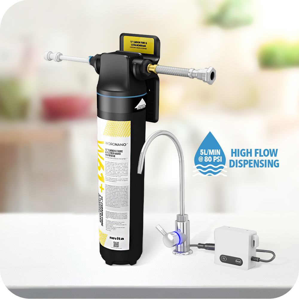 A novita 15” Undersink Filtration System W61 Plus – The Home • Hi-Flow with a faucet and a water filter.