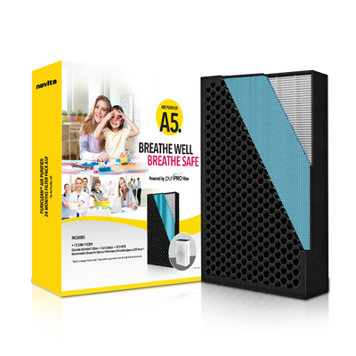 A box with a novita ID - Air Purifier A5 with Extra Filter and a picture of two people.