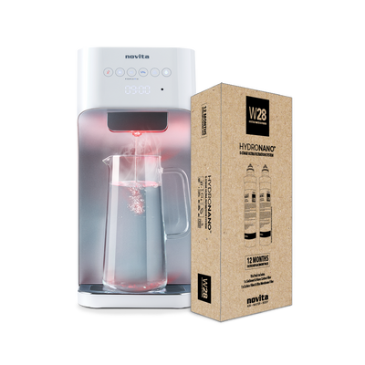 A novita Hot/Cold Water Dispenser W28 – The WaterStation with a box next to it.