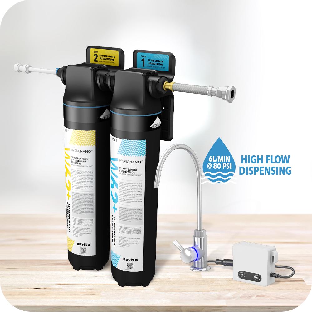 Two novita 15” Undersink Filtration System W62 Plus– The Home • Ultra filters on a wooden table.