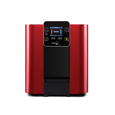 A red HydroCube™ Hot/Cold Water Dispenser W29 with 3 Years Warranty on a white background.