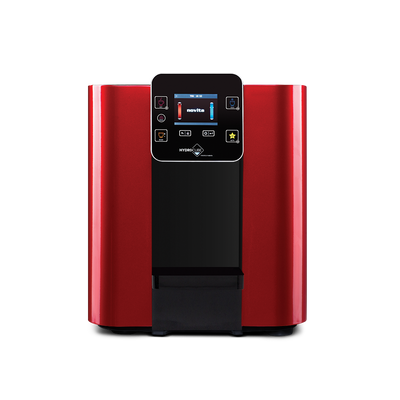 A red HydroCube™ Hot/Cold Water Dispenser W29 with 3 Years Warranty on a white background. (novita)