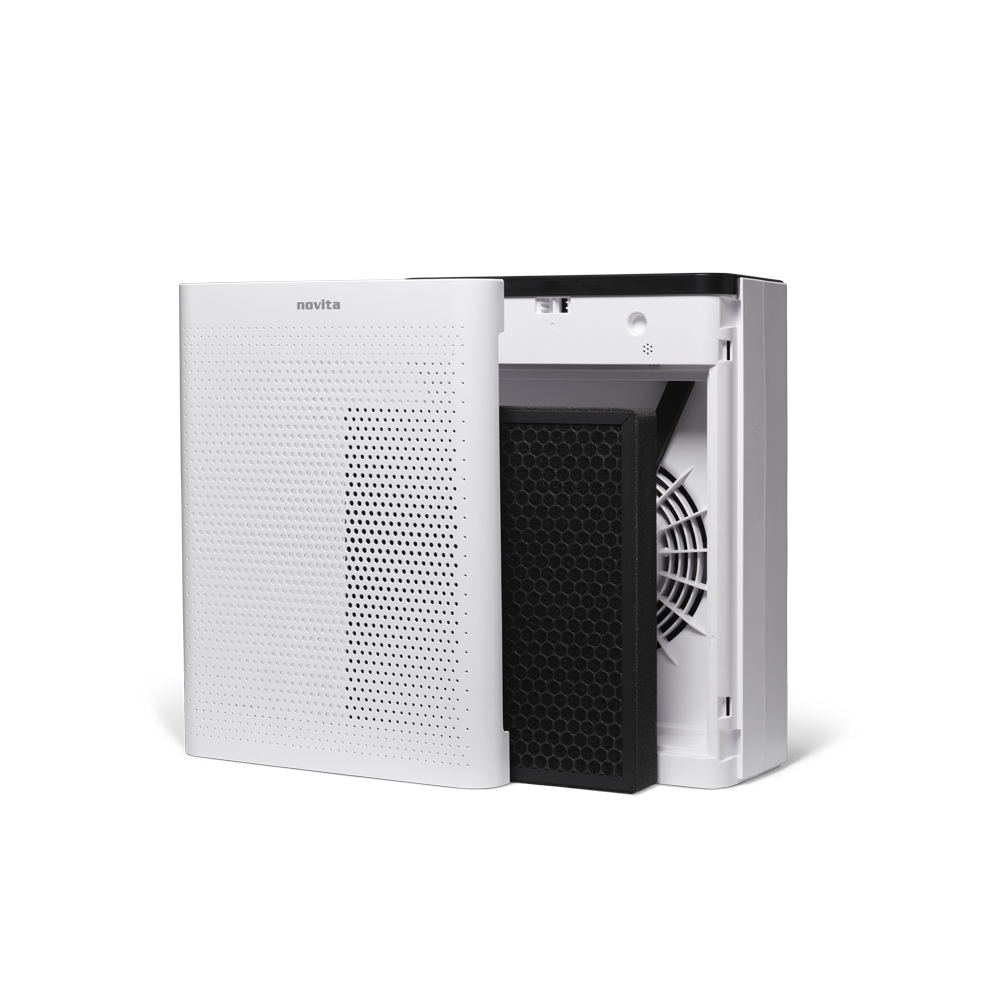 A white novita Air Purifier A5 Twin Pack + Extra Filter on a white background.