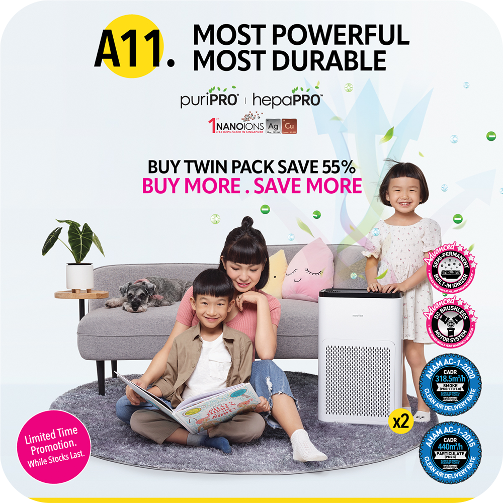 Ad for the novita A11 Bundle Twin Pack, the most powerful and durable air purifier.