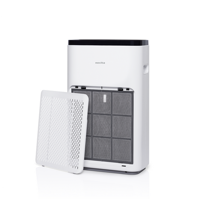 A white novita Air Purifier A11 with Extra Filter on a white background.
