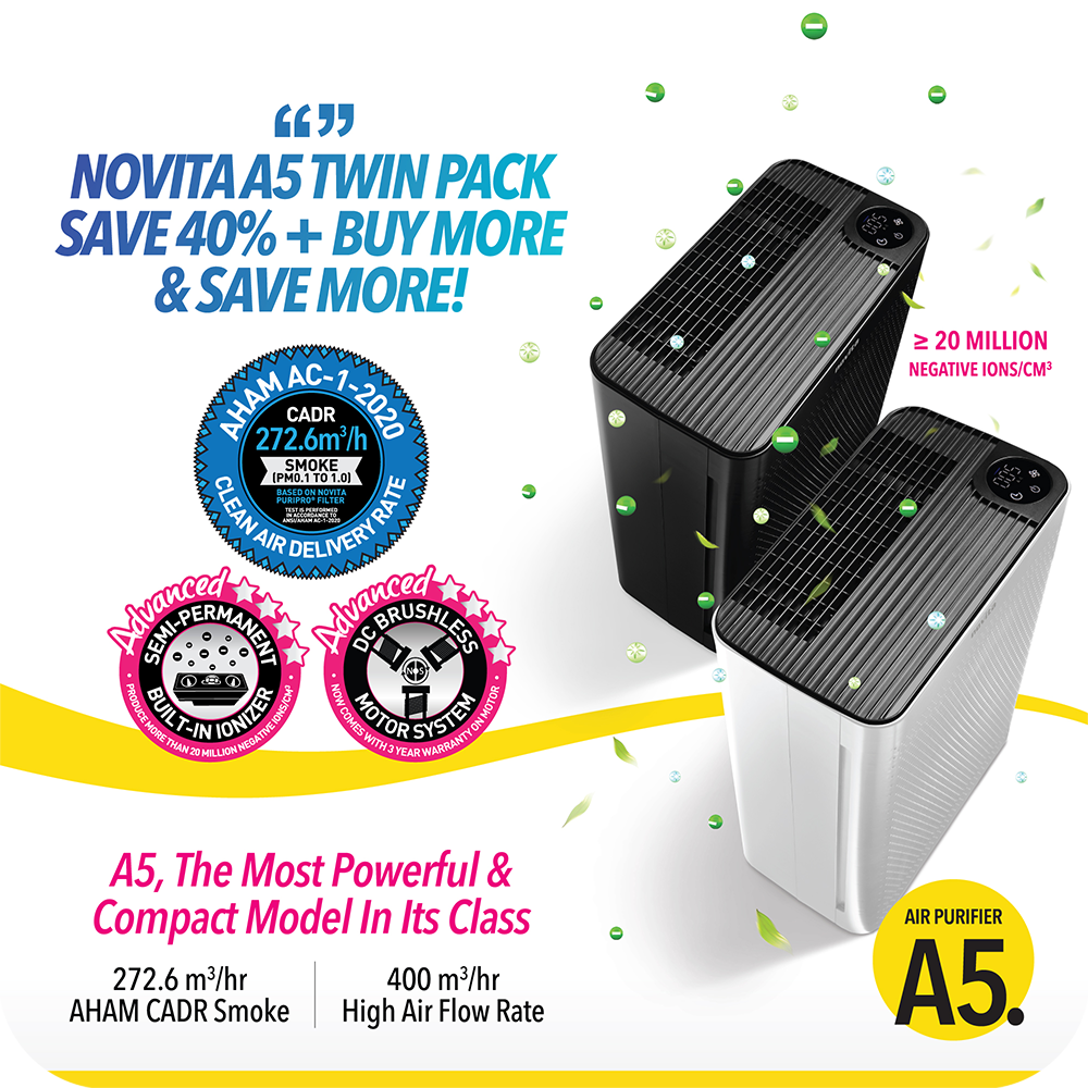 A flyer for the novita Air Purifier A5 Twin Pack.