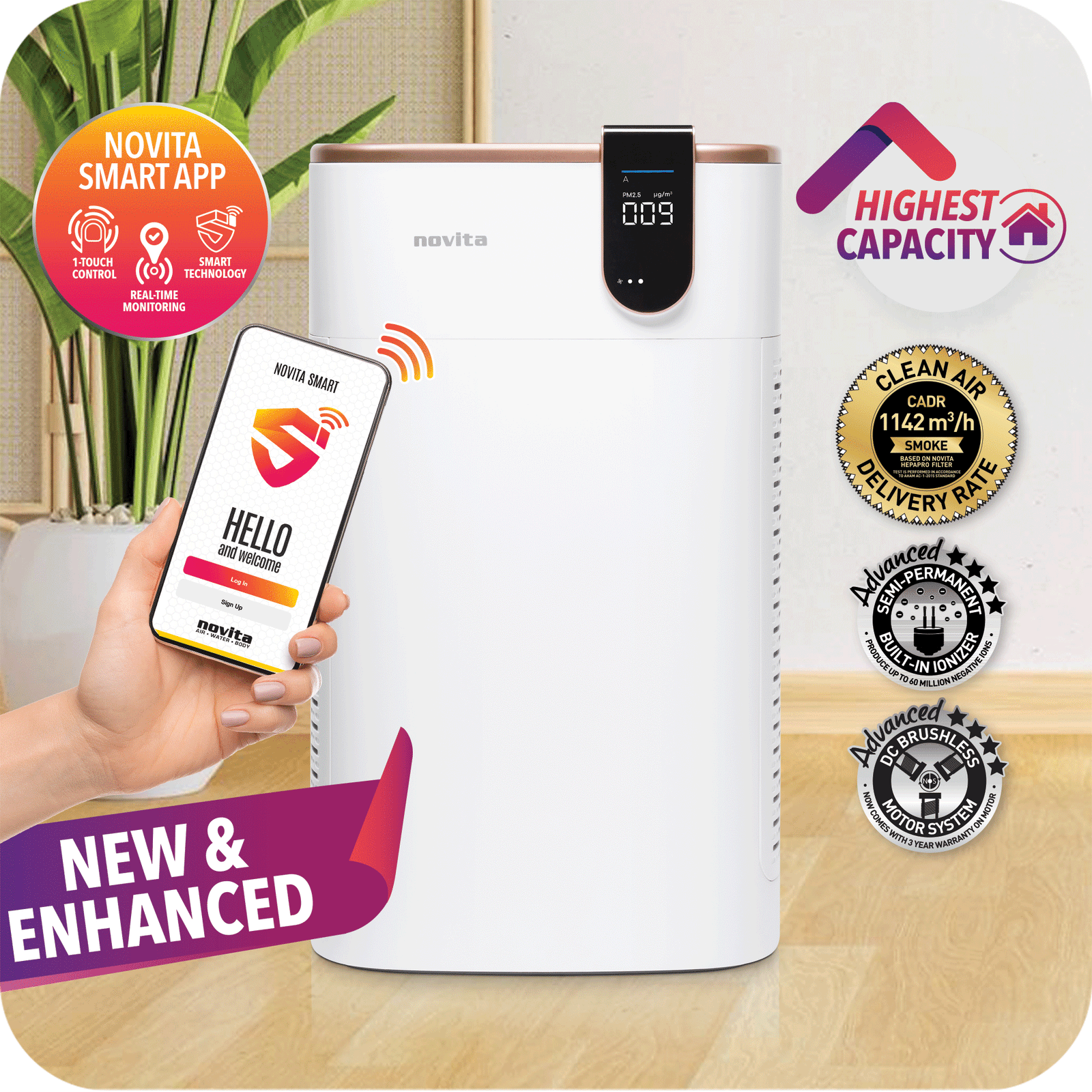 A woman is holding a new and enhanced novita Air Purifier A8i.