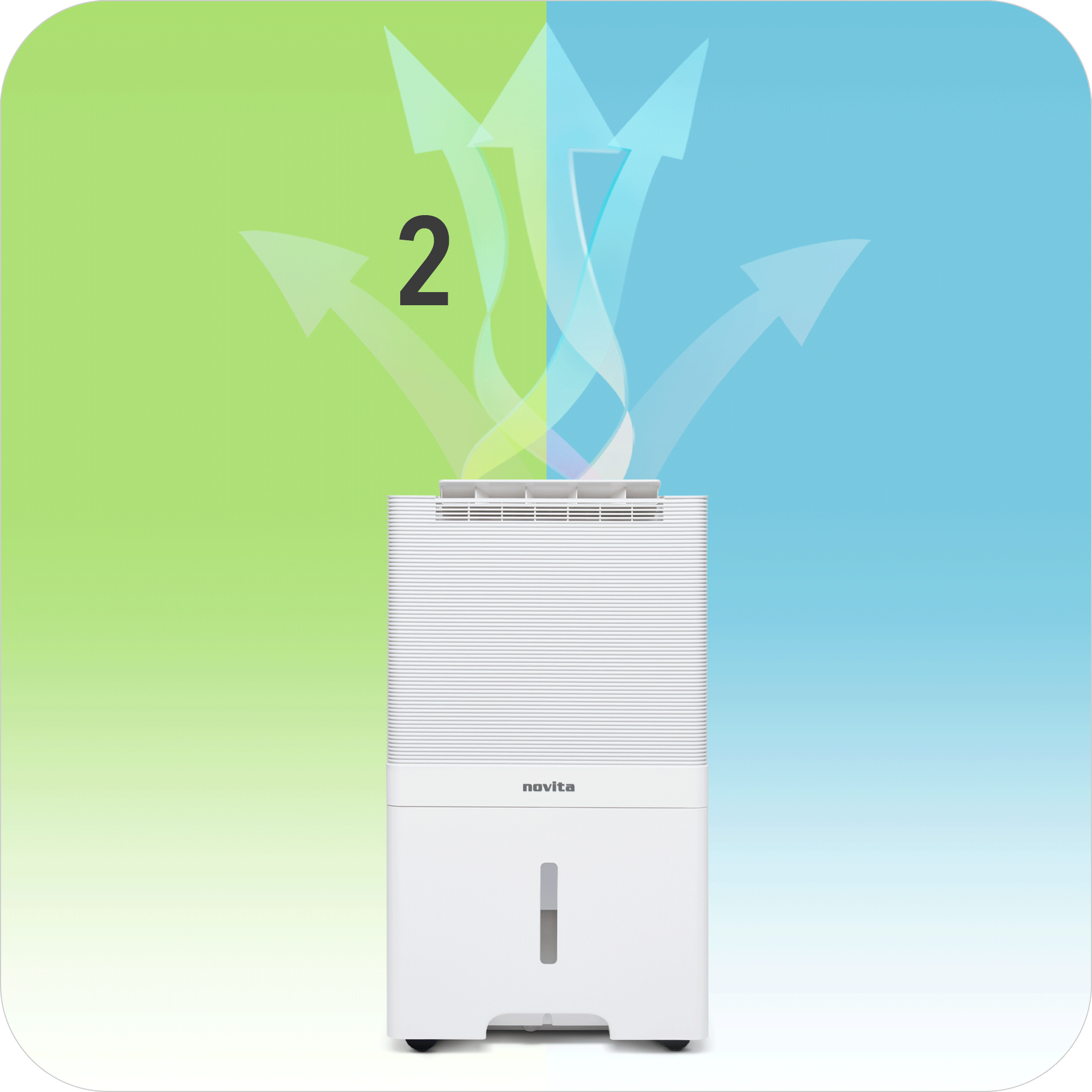A novita Dehumidifier + Air Purifier The 2-In-1 ND60 with two arrows pointing in different directions.