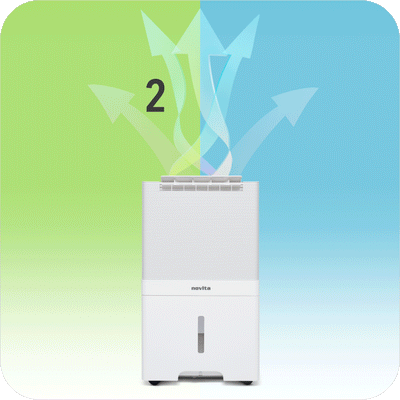 A novita Dehumidifier + Air Purifier The 2-In-1 ND60 with two arrows pointing in different directions.