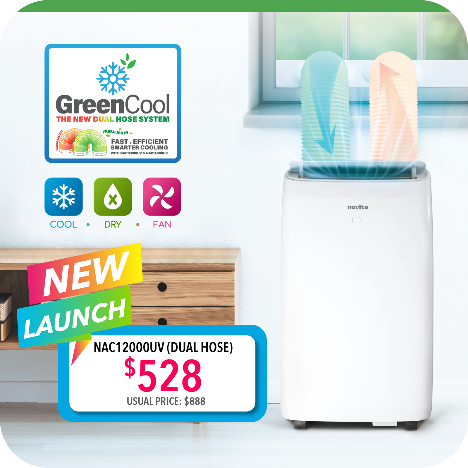 Coolplus™ 3-In-1 Portable Air Conditioner NAC12000UV (Dual Hose)