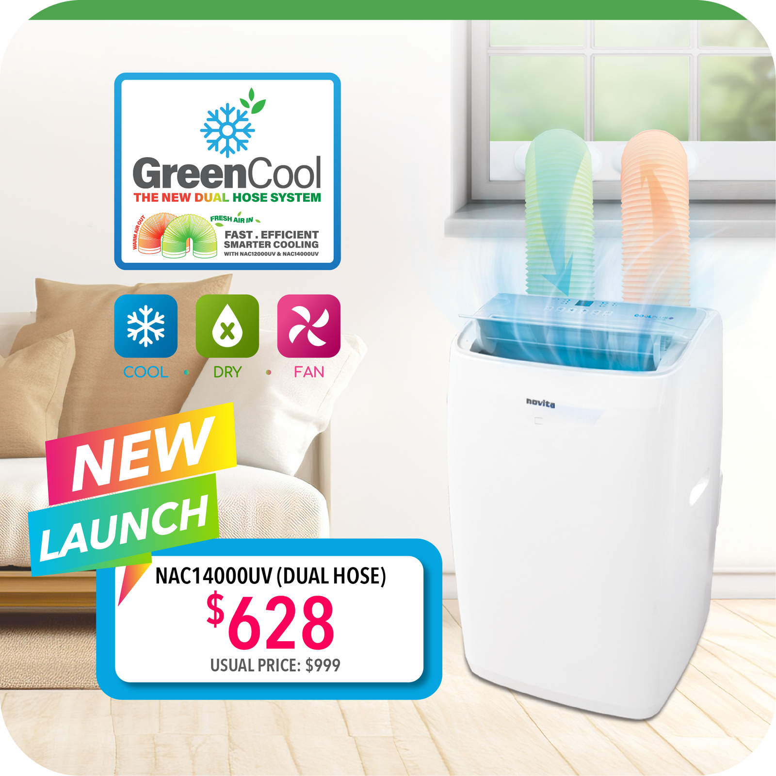 Coolplus™ 3-In-1 Portable Air Conditioner NAC14000UV (Dual Hose)
