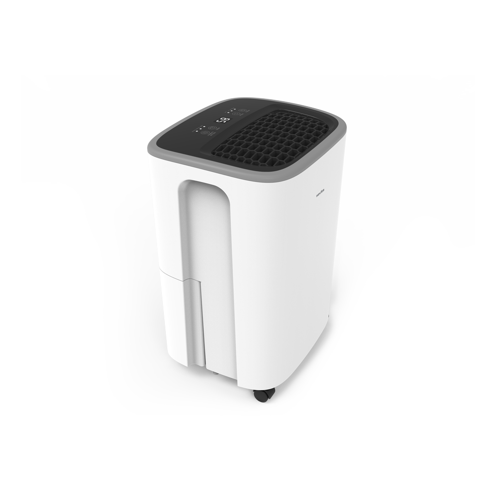 A white and black Dehumidifier ND288 on a white background with a novita Product Warranty Extension – Standard Extended Carry-In Warranty.