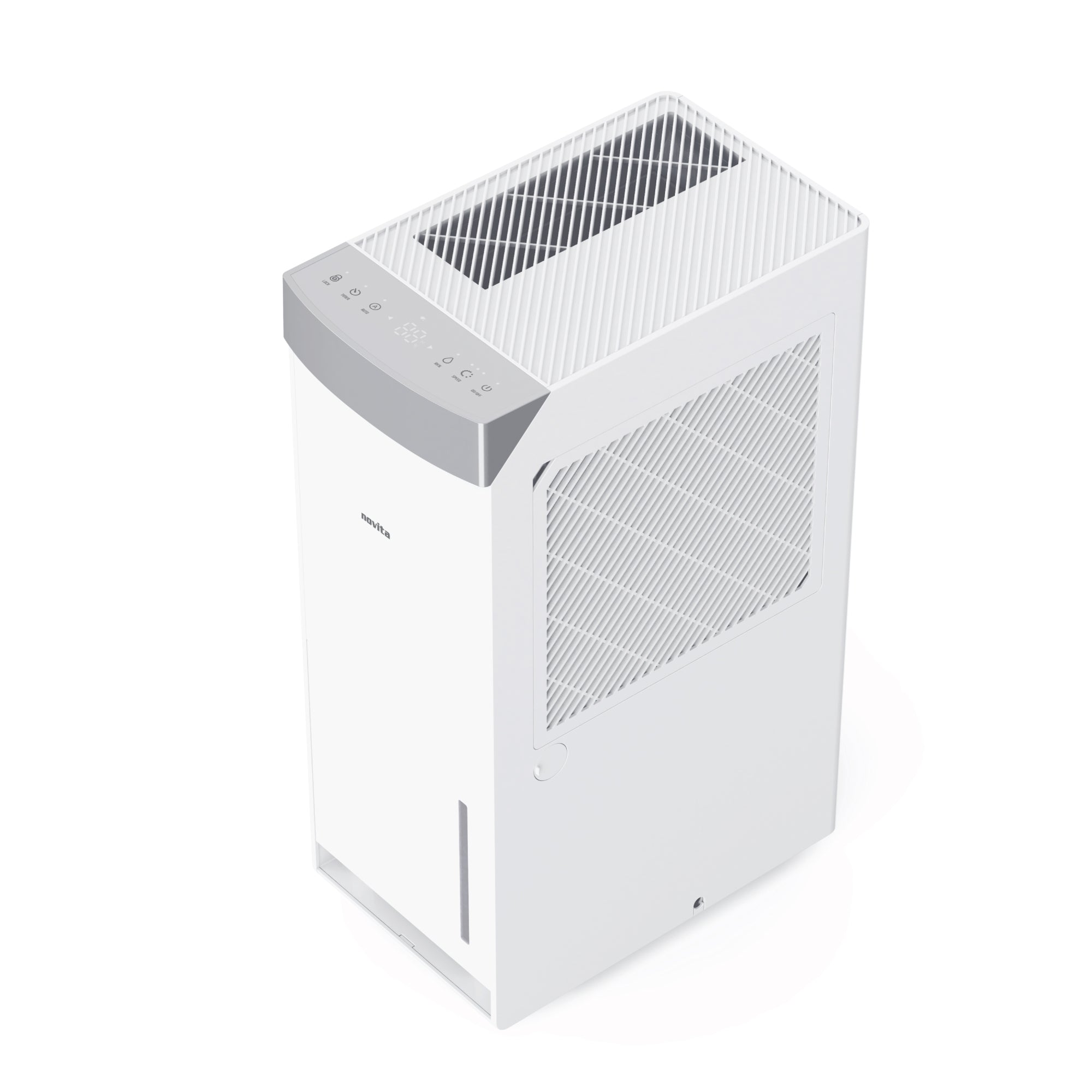 A white Dehumidifier ND388 by novita on a white background with terms and conditions.