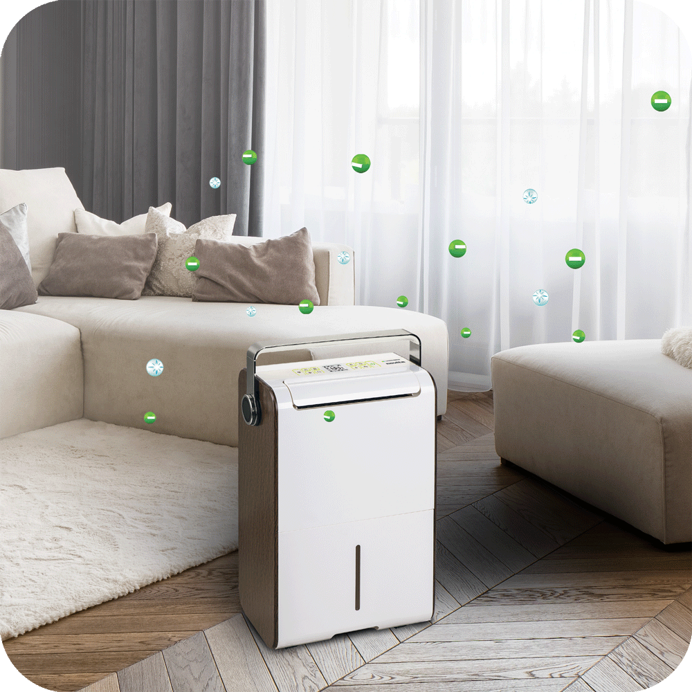 A living room with a novita dehumidifier ND838i.