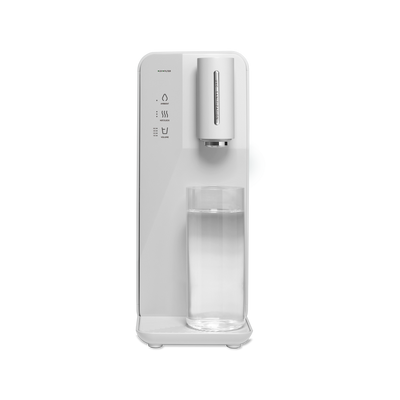 A white Instant Hot Water Dispenser W10 - The Absolute by novita SG with a glass of water.