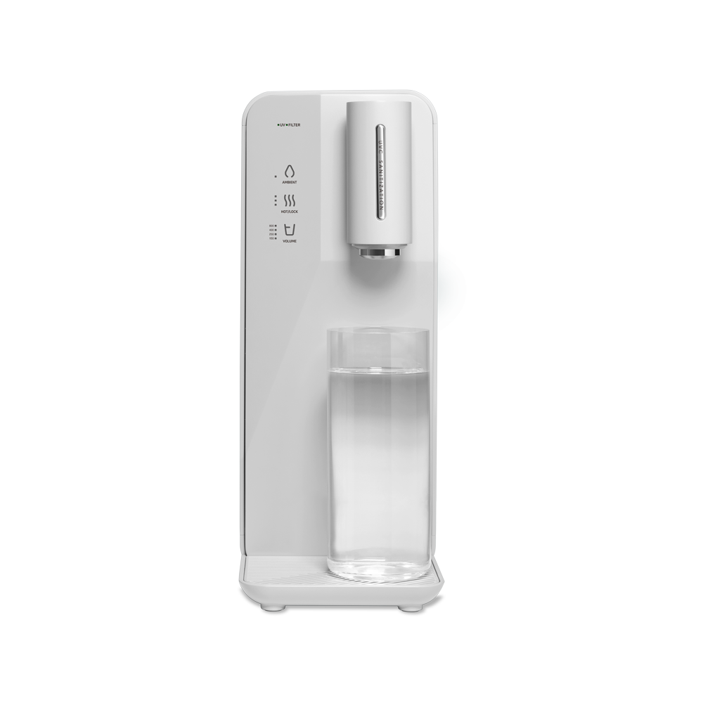 A white Instant Hot Water Dispenser W10 - The Absolute by novita SG with a glass of water.