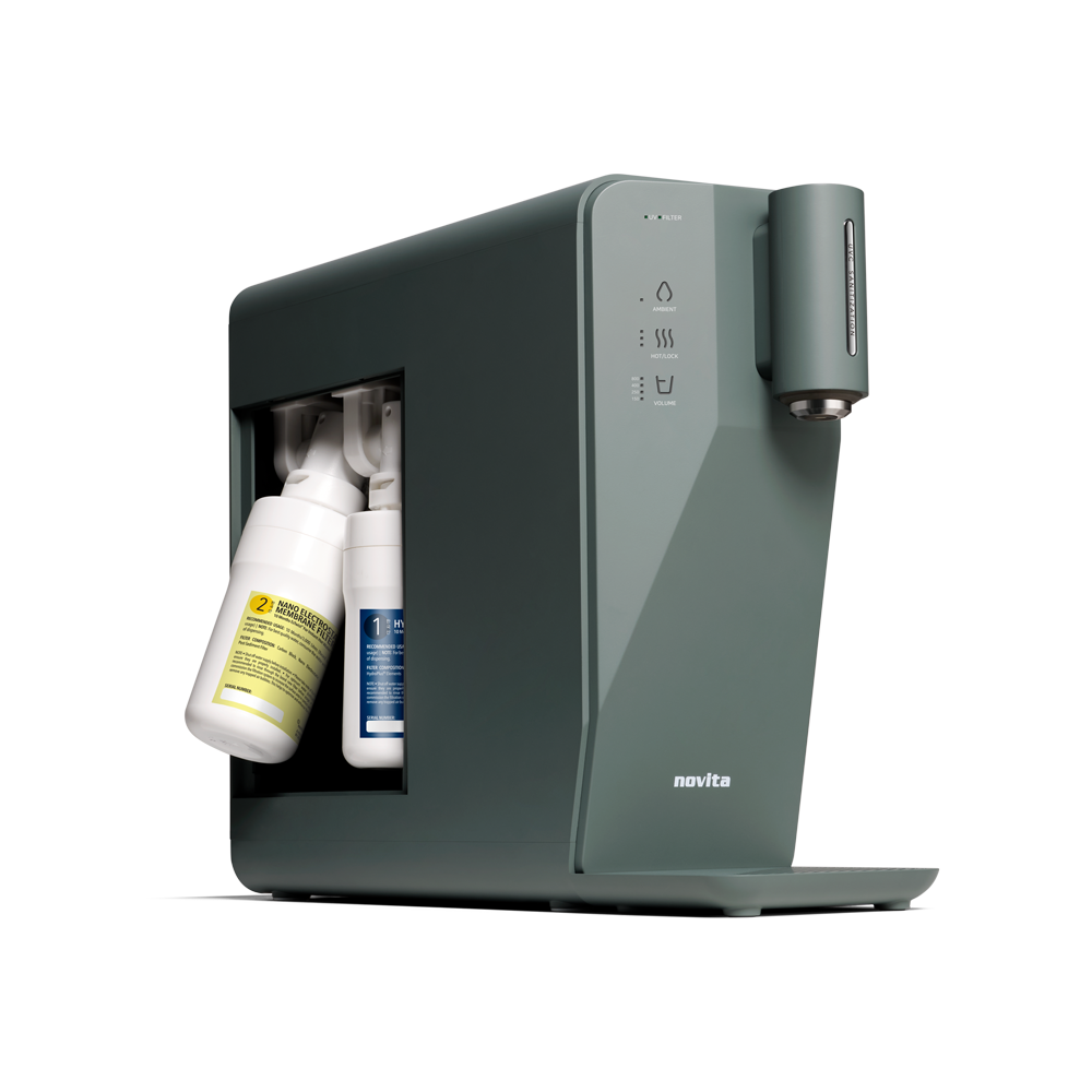 novita SG Instant Hot Water Dispenser W10 - The Absolute with a bottle of water and a bottle of soap.