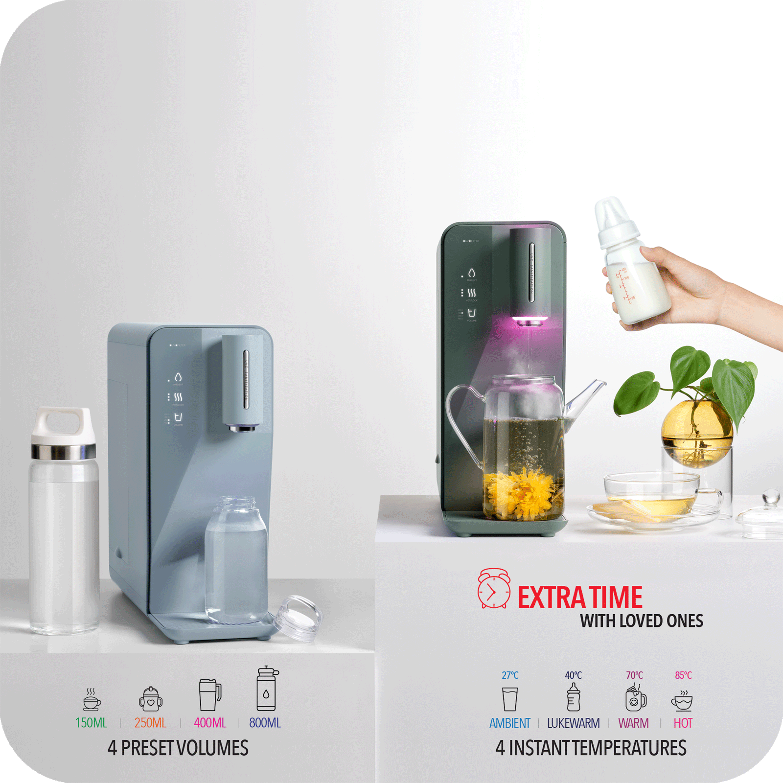 A woman is holding a bottle of Instant Hot Water Dispenser W10 - The Absolute by novita SG and a bottle of juice.