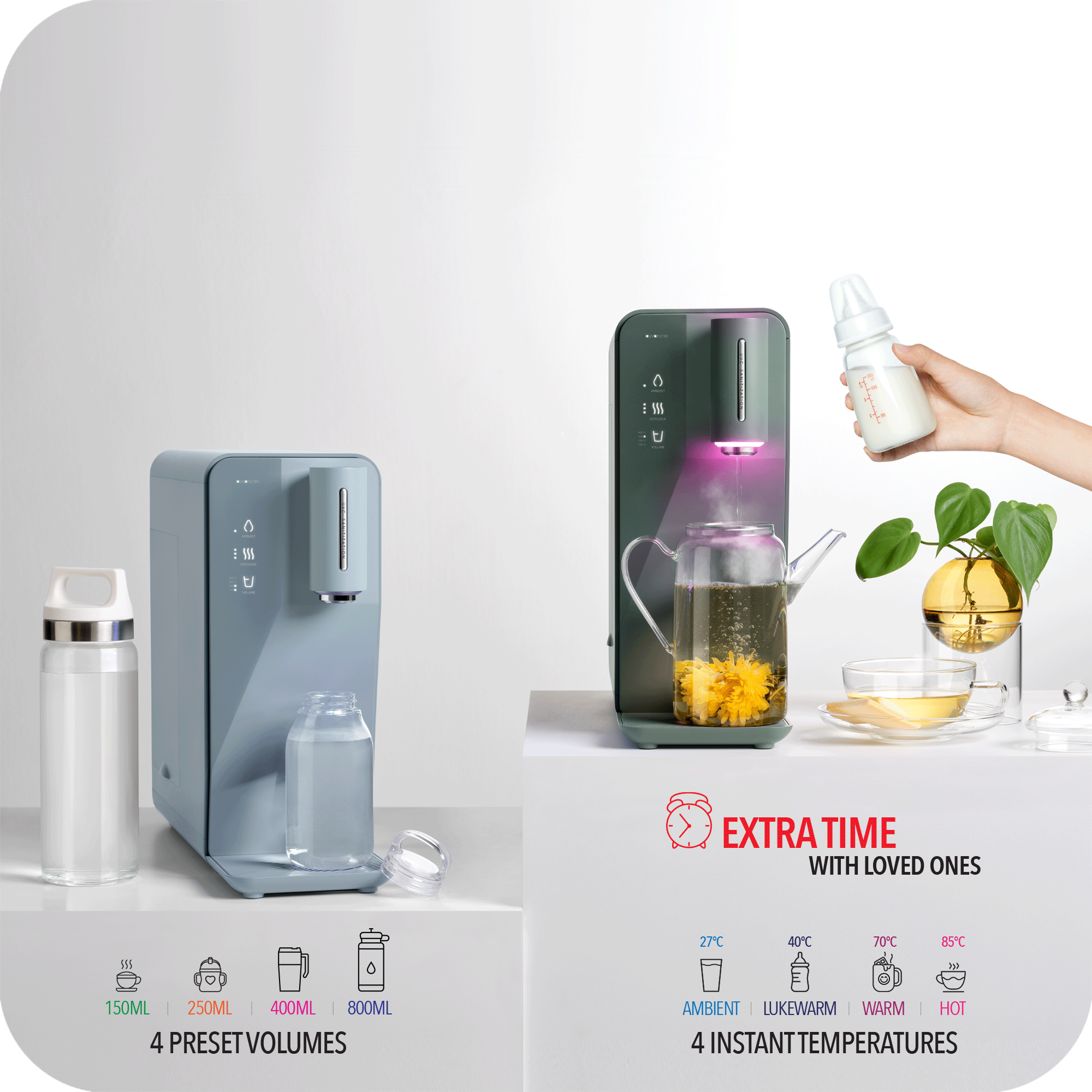 A woman is holding a bottle of Instant Hot Water Dispenser W10 - The Absolute by novita SG and a bottle of juice.