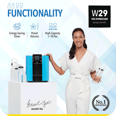A woman is holding a bottle of Add On - HydroCube™ Hot/Cold Water Dispenser W29 Happy Bundle by novita.