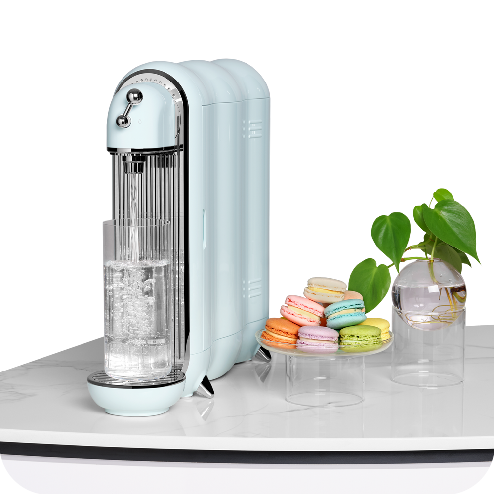 A novita Water Purifier W38 Product Warranty Extension - Standard Extended Carry-In Warranty with a glass of water and macaroons next to it.