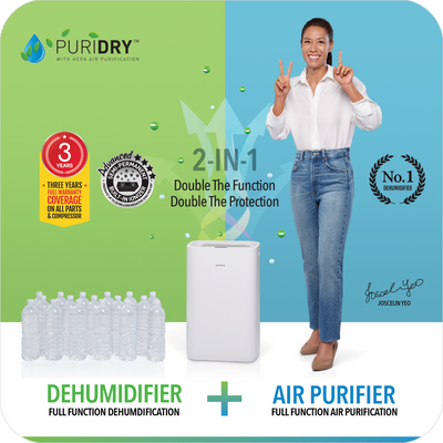 A woman is holding a novita - Corp Dehumidifier + Air Purifier The 2-In-1 ND25.5 and a bottle of water.